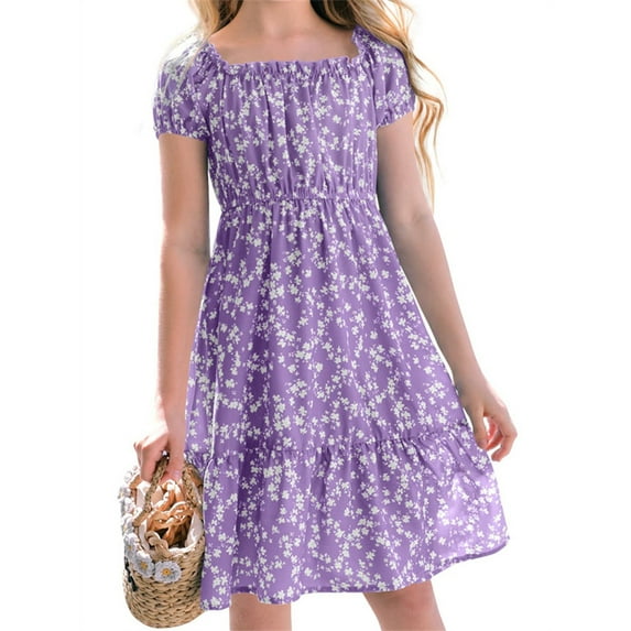 Langwyqu Summer Floral Print Square Neck Girls Chiffon Midi Dress For 5-14 Y