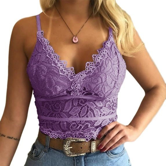 Langwyqu Summer Lace Stitching Women V-Neck Tank Tops Camisole Crochet Spaghetti Strap Cami