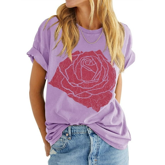 Langwyqu Summer Rose Printed Women Short Sleeve Crewneck Graphic T-Shirt