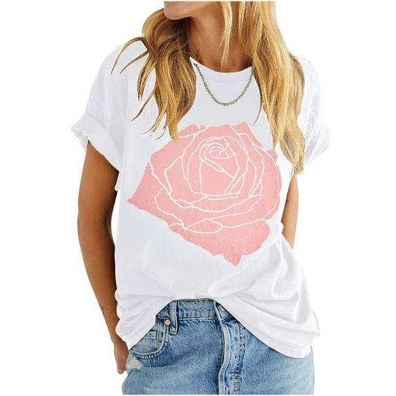 Langwyqu Summer Rose Printed Women Short Sleeve Crewneck Graphic T-Shirt