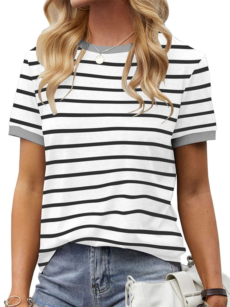 Women Stripes Breathable Tshirt Summer O-Neck Loose Casual Short Sleeve Tee for Female