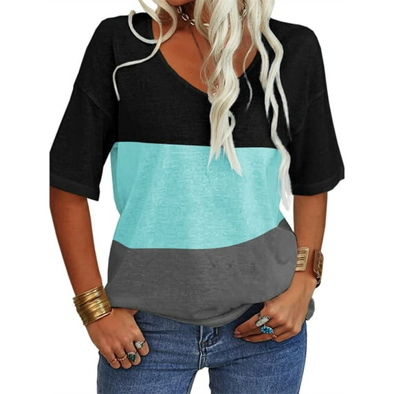 Langwyqu Summer Short Sleeved Striped Women V-Neck Casual Loose Shirt Tops
