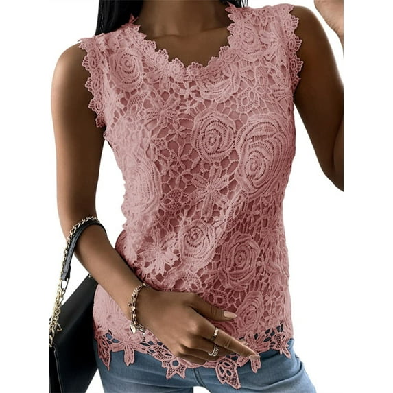 Langwyqu Summer Sleeveless Lace Patchwork Women Crewneck Lace Blouse Tops