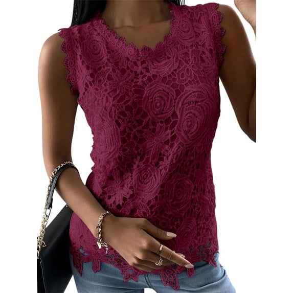 Langwyqu Summer Sleeveless Lace Patchwork Women Crewneck Lace Blouse Tops