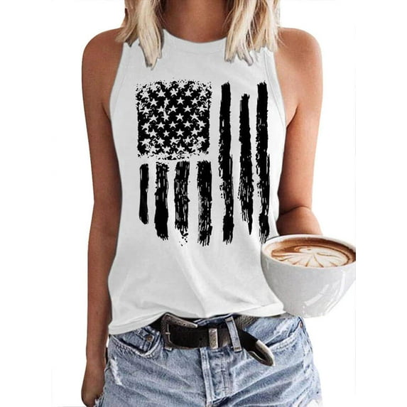 Langwyqu Summer Sleeveless Star Striped Print Tank Tops
