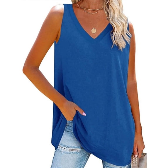 Langwyqu Summer Sleeveless Women V Neck Casual Tank Tops Solid Shirt