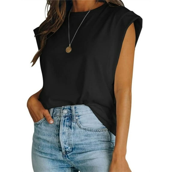 Langwyqu Summer Solid Color Cap Sleeve Crewneck Casual Shirt Tops