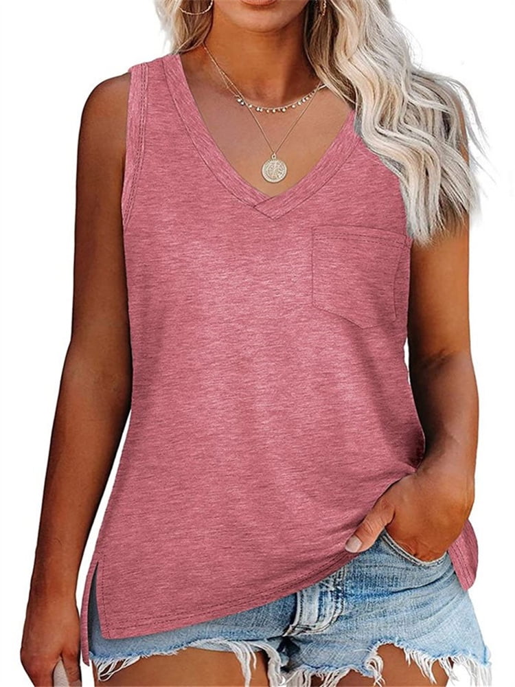 Langwyqu Summer VNeck Sleeveless Solid Color Plus Size Women Tank Tops