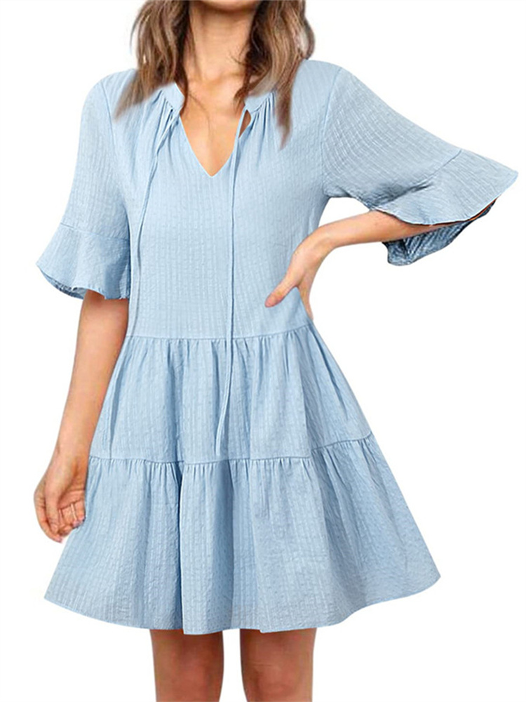 Langwyqu Summer Women Puff Sleeved Loose VNeck Mini Dress With Pocket