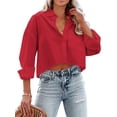 thumbnail image 1 of Langwyqu Turn-Down Collar Women Solid Button Crop Tops Lapel Blouse With Pocket, 1 of 5