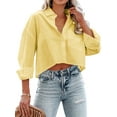 thumbnail image 1 of Langwyqu Turn-Down Collar Women Solid Button Crop Tops Lapel Blouse With Pocket, 1 of 5