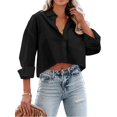 thumbnail image 1 of Langwyqu Turn-Down Collar Women Solid Button Crop Tops Lapel Blouse With Pocket, 1 of 5