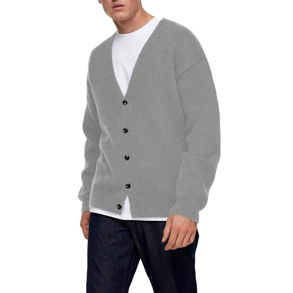Langwyqu V-Neck Men Long Sleeve Solid Casual Spring Fall Button Knit Cardigan