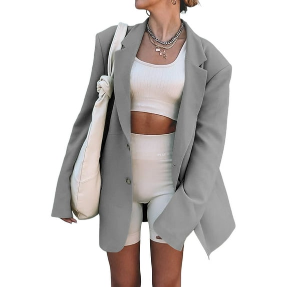 Langwyqu Women Casual Elegant Oversized Lapel Blazers Solid Work Office Jacket Outfit