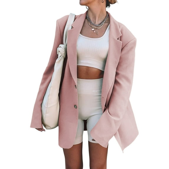Langwyqu Women Casual Elegant Oversized Lapel Blazers Solid Work Office Jacket Outfit