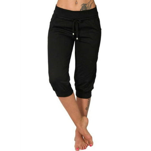 Langwyqu Women Drawstring Capri Yoga Pants Lounge Joggers Pants Knee-length Trousers