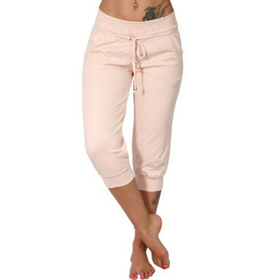 Langwyqu Women Drawstring Capri Yoga Pants Lounge Joggers Pants Knee-length Trousers