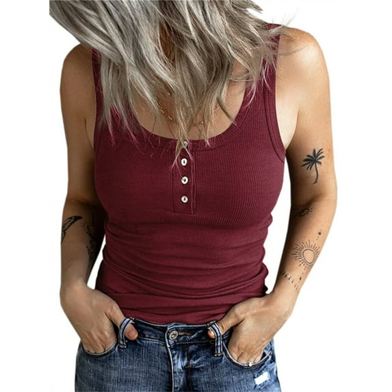Langwyqu Women Summer Sleeveless Tops Scoop Neck Slim Fit Knit T-shirt
