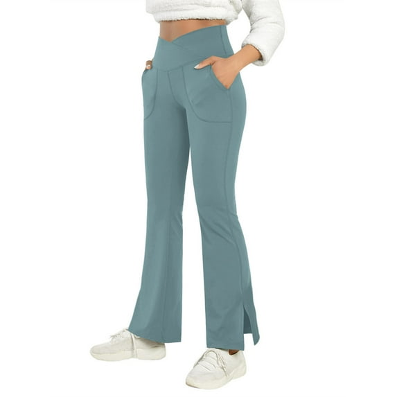 Langwyqu Women's Bootcut Yoga Pants Crossover Female Casual Trousers Split Flare Leggings with Pocket