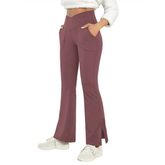 Langwyqu Women's Bootcut Yoga Pants Crossover Female Casual Trousers Split Flare Leggings with Pocket