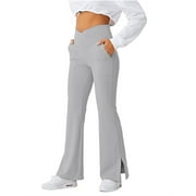 LANGWYQU Women's Bootcut Yoga Pants Crossover Female Casual Trousers Split Flare Leggings with Pocket