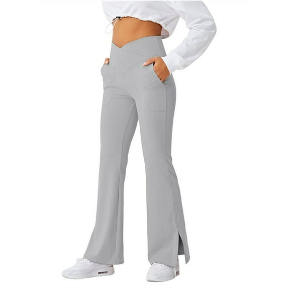 Langwyqu Women's Bootcut Yoga Pants Crossover Female Casual Trousers Split Flare Leggings with Pocket