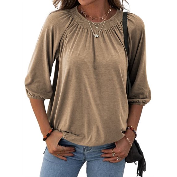 Langwyqu Women's Crew Neck T Shirt Half Sleeve 3/4 Sleeve Pleated Basic Tops