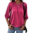 thumbnail image 1 of Langwyqu Women's Crew Neck T Shirt Half Sleeve 3/4 Sleeve Pleated Basic Tops, 1 of 3