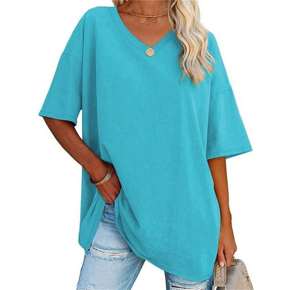 Langwyqu Women's Oversized T Shirts Tees Half Sleeve V Neck Comfy Tops