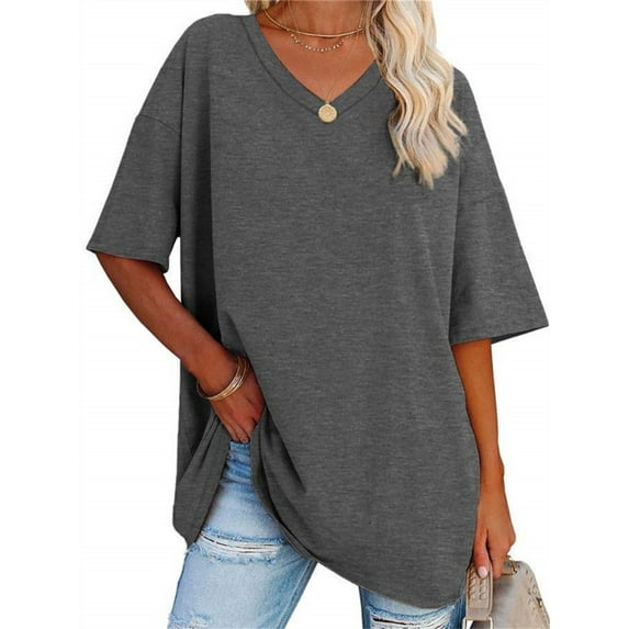 Langwyqu Women's Oversized T Shirts Tees Half Sleeve V Neck Comfy Tops