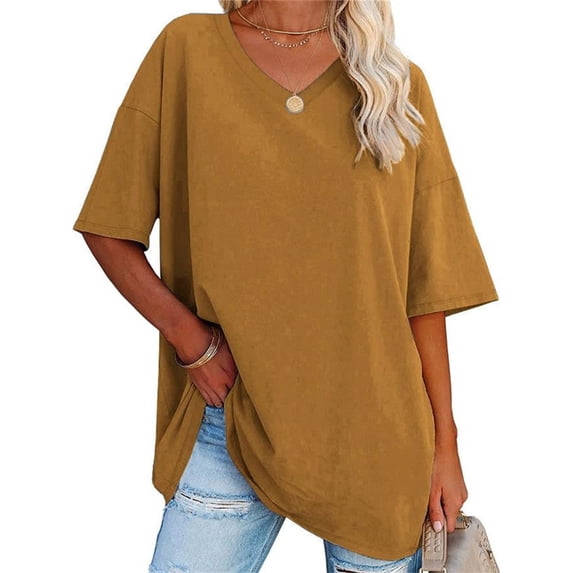 Langwyqu Women's Oversized T Shirts Tees Half Sleeve V Neck Comfy Tops