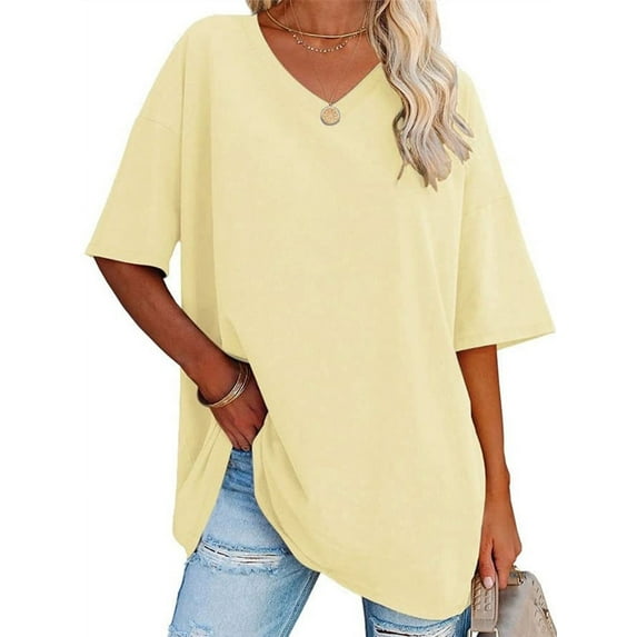 Langwyqu Women's Oversized T Shirts Tees Half Sleeve V Neck Comfy Tops
