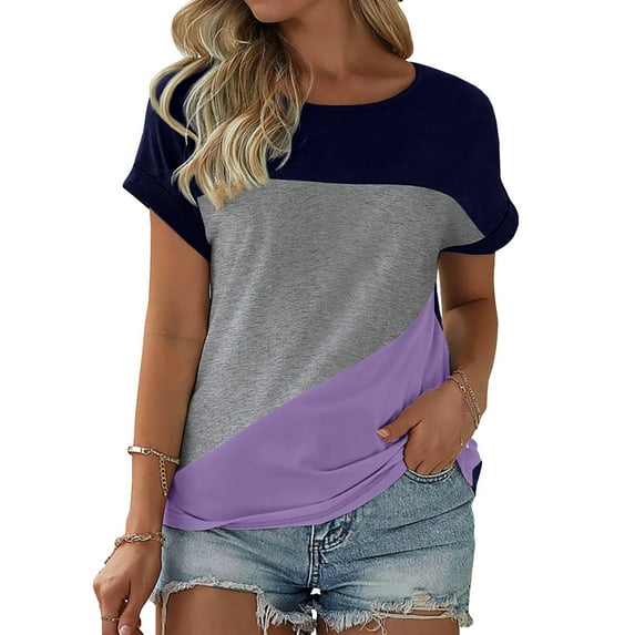 Langwyqu Womens Color Block Short Sleeve Tops Casual Summer T-Shirt