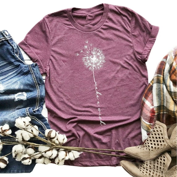 Langwyqu Womens Cute Dandelion Printed Tee Summer Vintage Graphic T-shirt