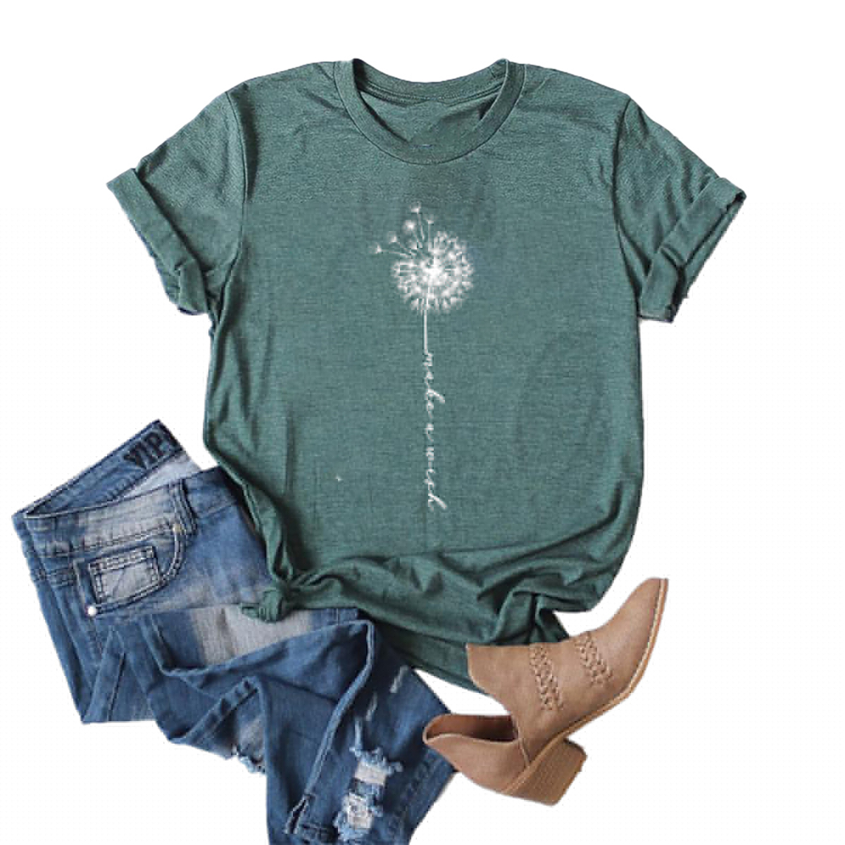 thumbnail image 1 of Langwyqu Womens Cute Dandelion Printed Tee Summer Vintage Graphic T-shirt, 1 of 1