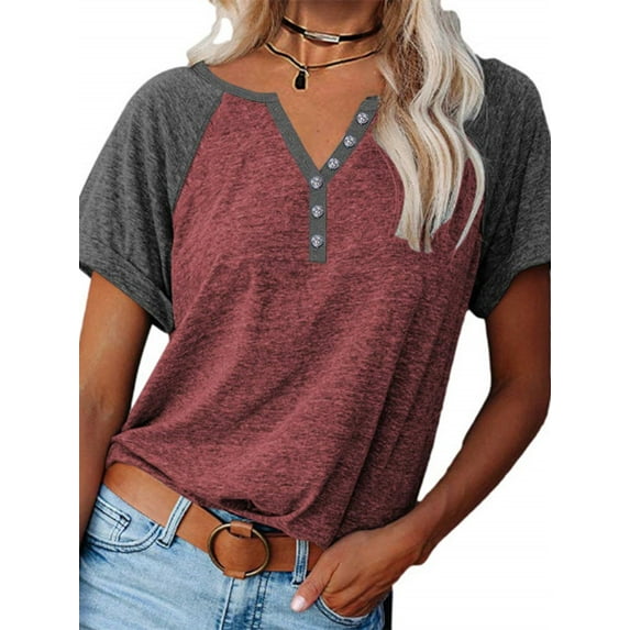 Langwyqu Womens Henley V Neck Raglan Short Sleeve Color Block T Shirts