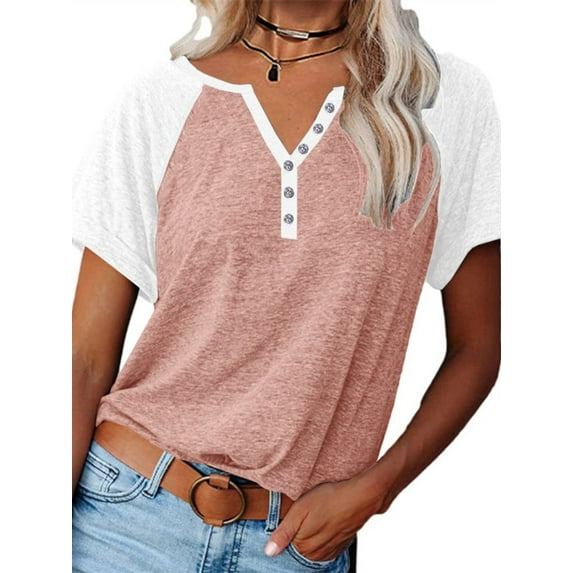 Langwyqu Womens Henley V Neck Raglan Short Sleeve Color Block T Shirts