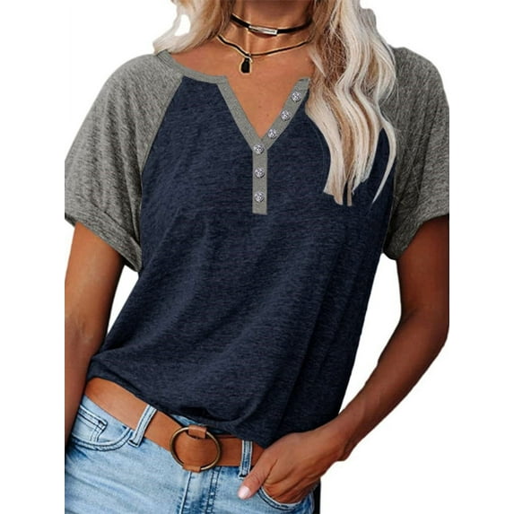 Langwyqu Womens Henley V Neck Raglan Short Sleeve Color Block T Shirts