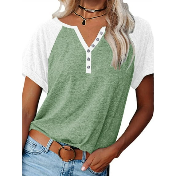 Langwyqu Womens Henley V Neck Raglan Short Sleeve Color Block T Shirts