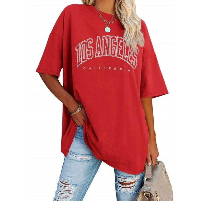Langwyqu Womens Tunic Loose Los Sleeve Shirts Female T Angeles Tees Summer Half Tops Casual Oversized