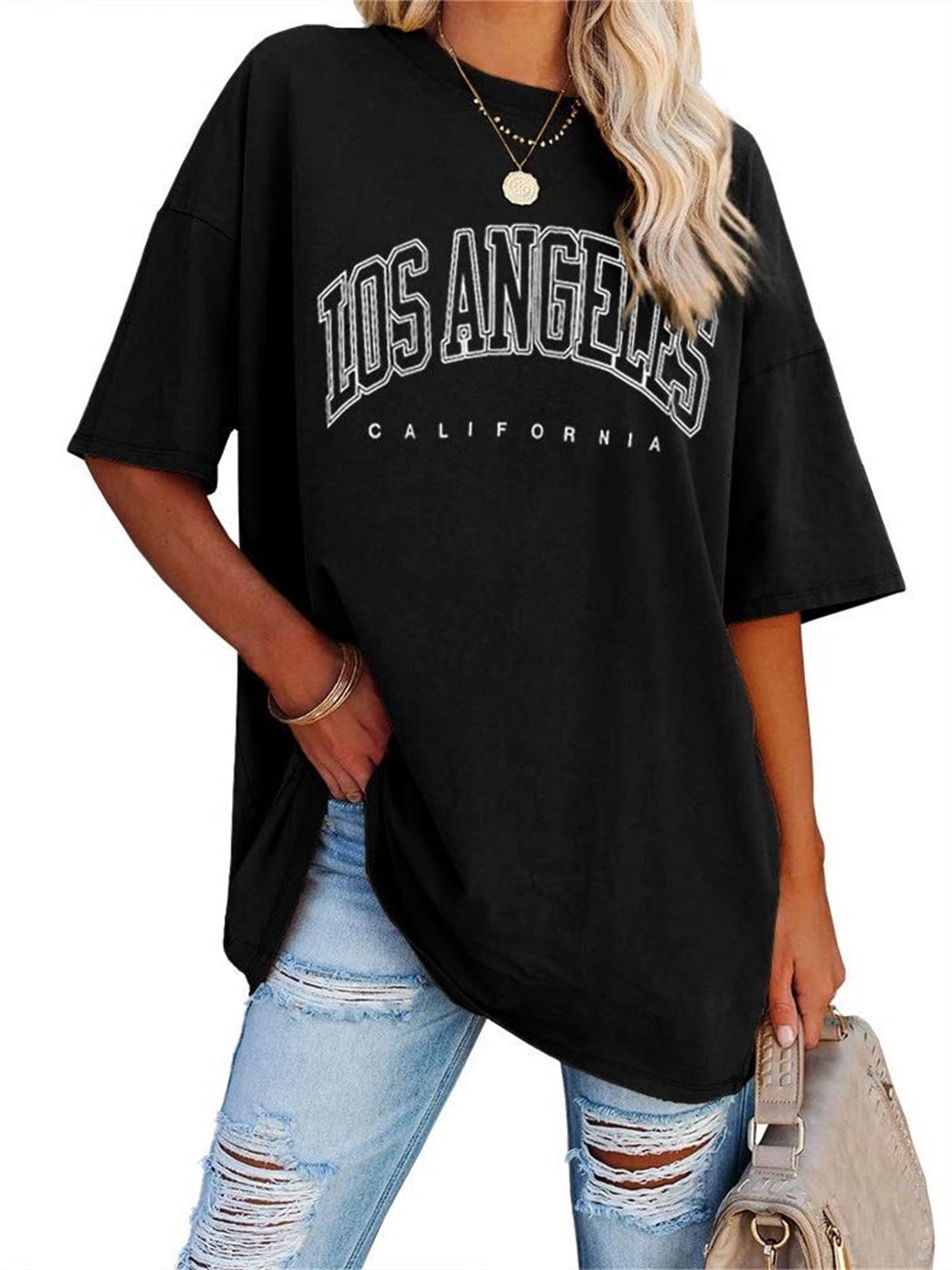 Langwyqu Womens Oversized T Shirts Half Sleeve Summer Loose Casual Tees  Female Los Angeles Tunic Tops