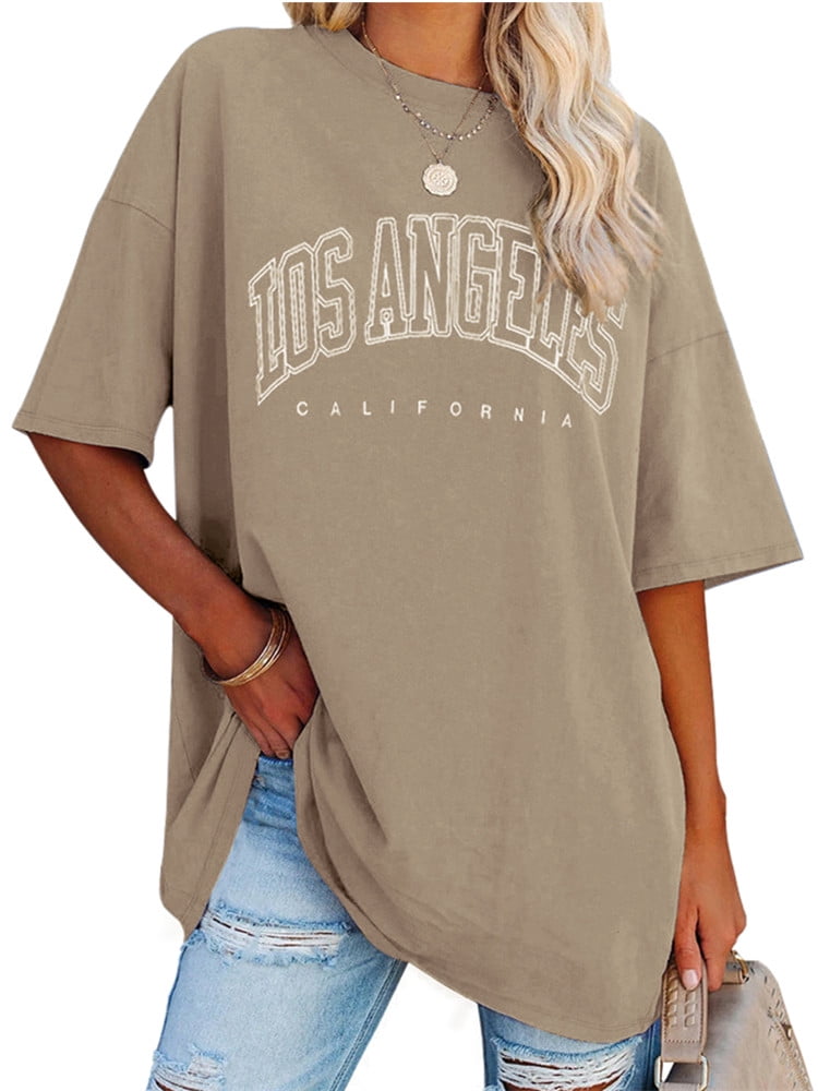 Langwyqu Womens Oversized Loose Los Female Angeles Half Shirts Tops Sleeve Tunic Casual Tees T Summer