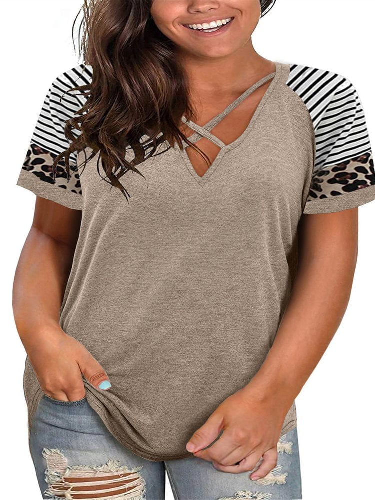 Plus Size Striped Notched Neck Short Sleeve Tee