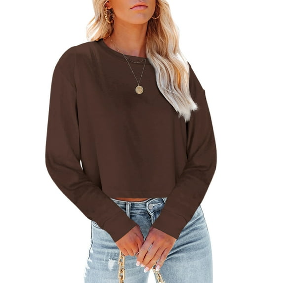 Langwyqu Womens Solid Color Long Sleeve T-Shirts Casual Cropped Tops