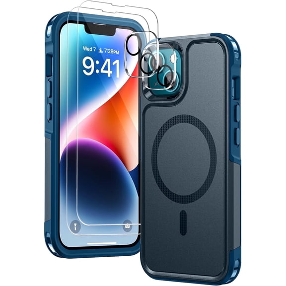 Lanhiem iPhone 14 Magnetic Case with Tempered Glass & Lens Protector, Dark Blue