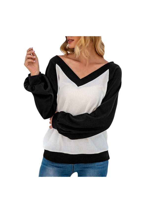 EQWLJWE Women Casual Long Sleeve V-Neck Loose Patchwork Tops T-Shirt Blouse