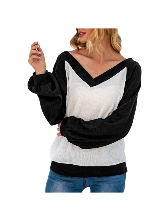 EQWLJWE Women Casual Long Sleeve V-Neck Loose Patchwork Tops T-Shirt Blouse