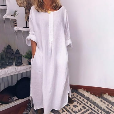 Lanhui Fashion Women Summer Casual Full Sleeve O-Neck Solid Linen Long Dress