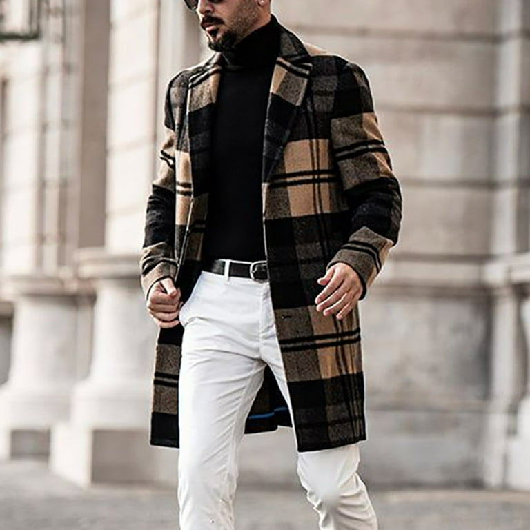 Lanhui Men's Winter Suit Collar Plaid Print Mid-length Warm Woolen Coat -  Walmart.com