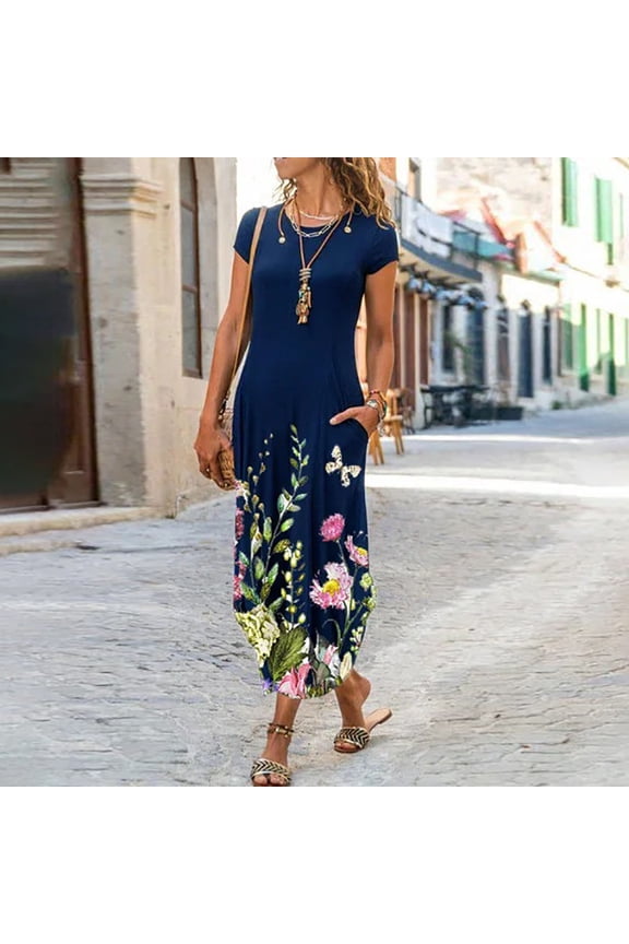 EQWLJWE Women's Casual Loose Pockets Short Sleeve Printed O-Neck Ankle-Length Dress